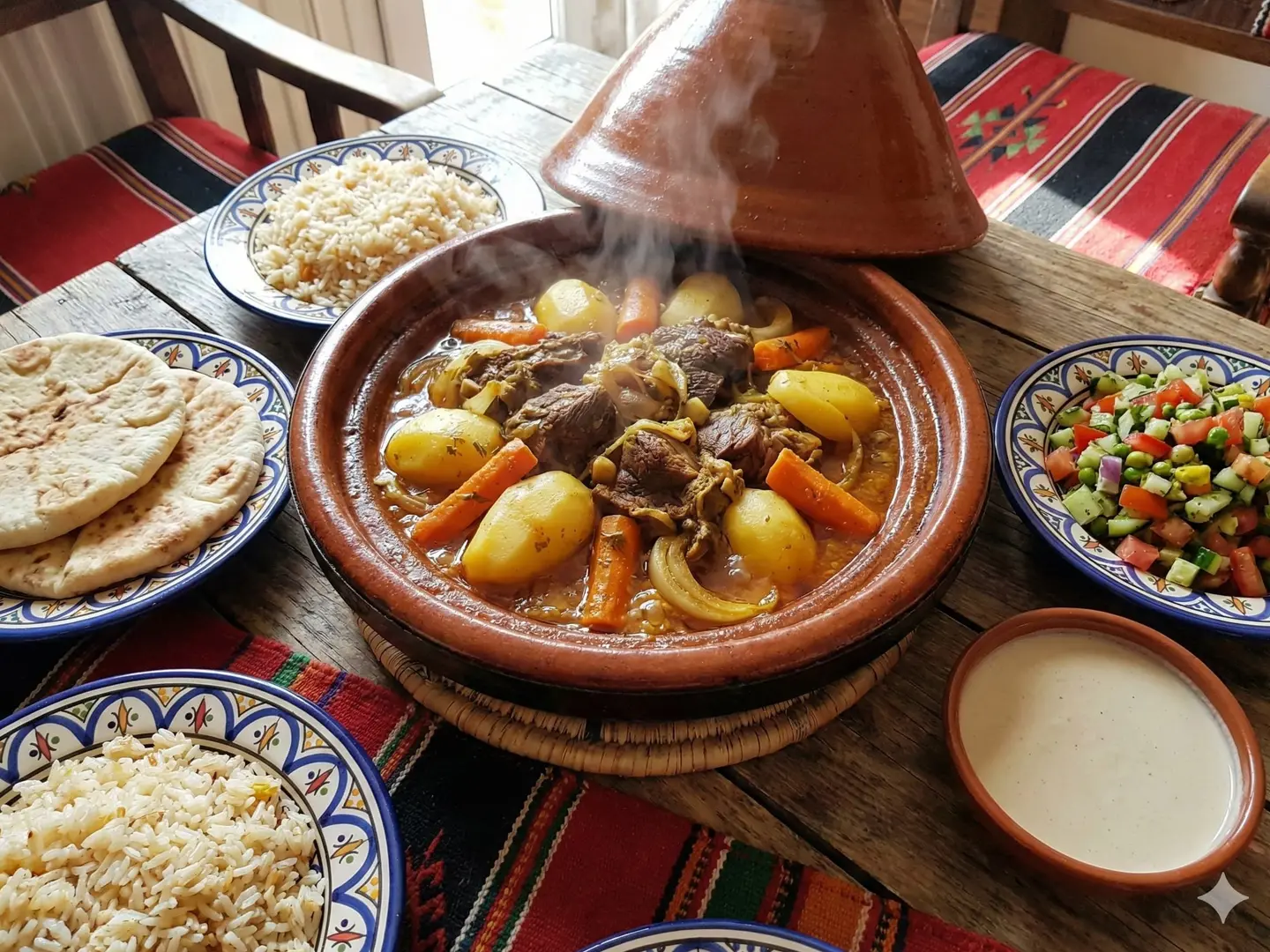 Meat And Potato Casserole With Rice Bread Salad And Tahini