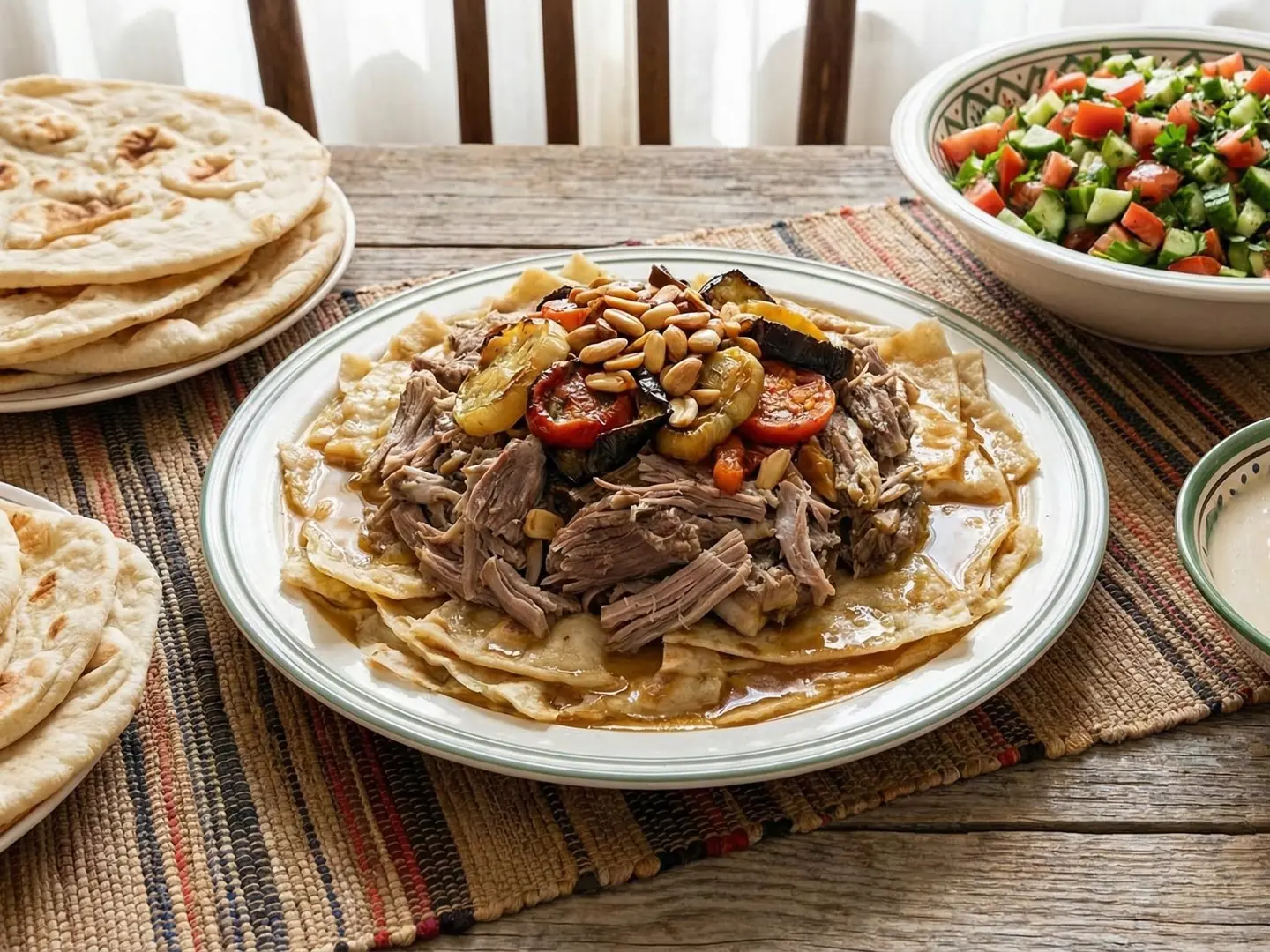 Fattray With Meat Bread Salad And Tahini