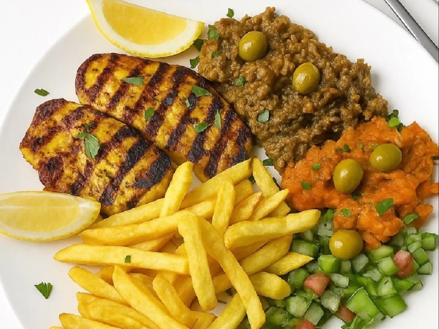 صحن صدور مشوي مع بطاطا مقلية