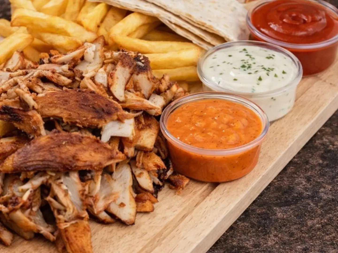 ربع كيلو شاورما فرط مع صلصات واضافات مميزه